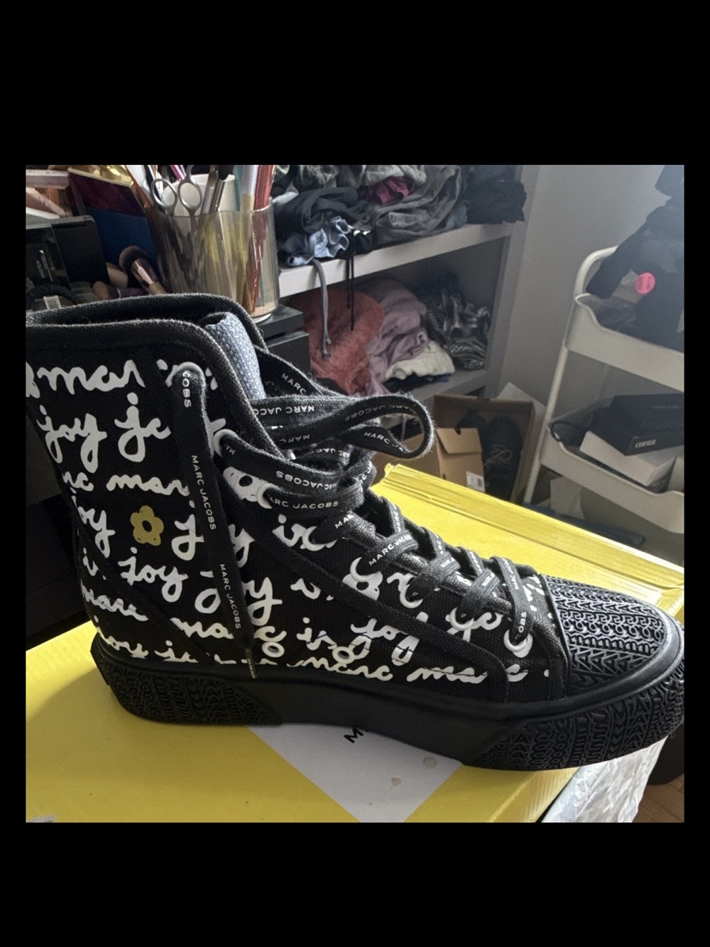 Marc Jacobs Black and White Script High-Top Sneakers 100.00 size 7 (Designer)